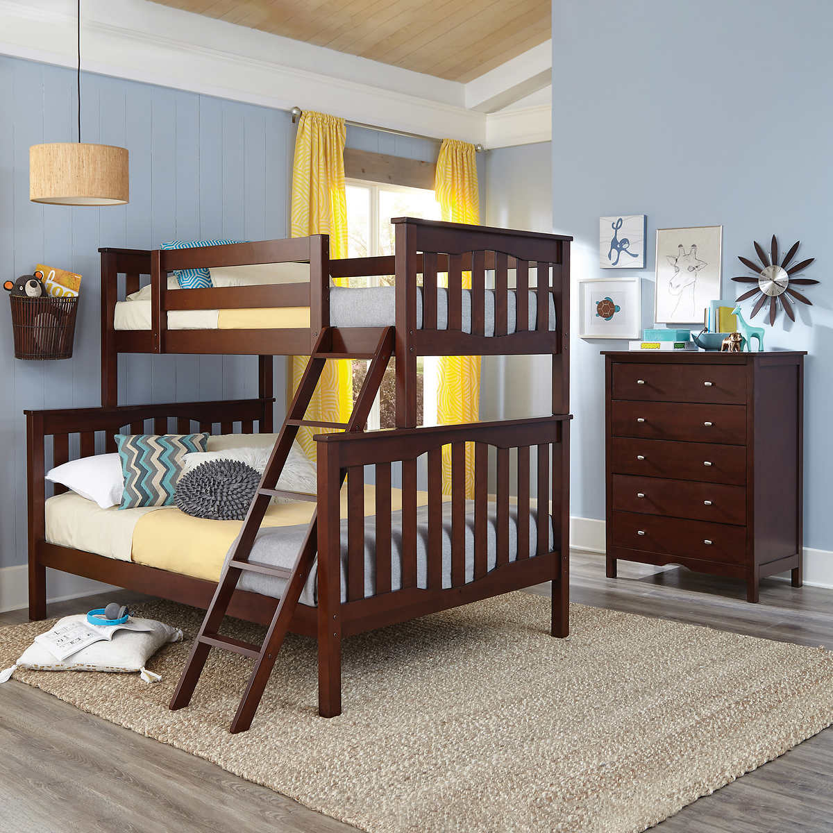 Seneca Brown Twin Over Double Bunk Bed With 5 Drawer Chest