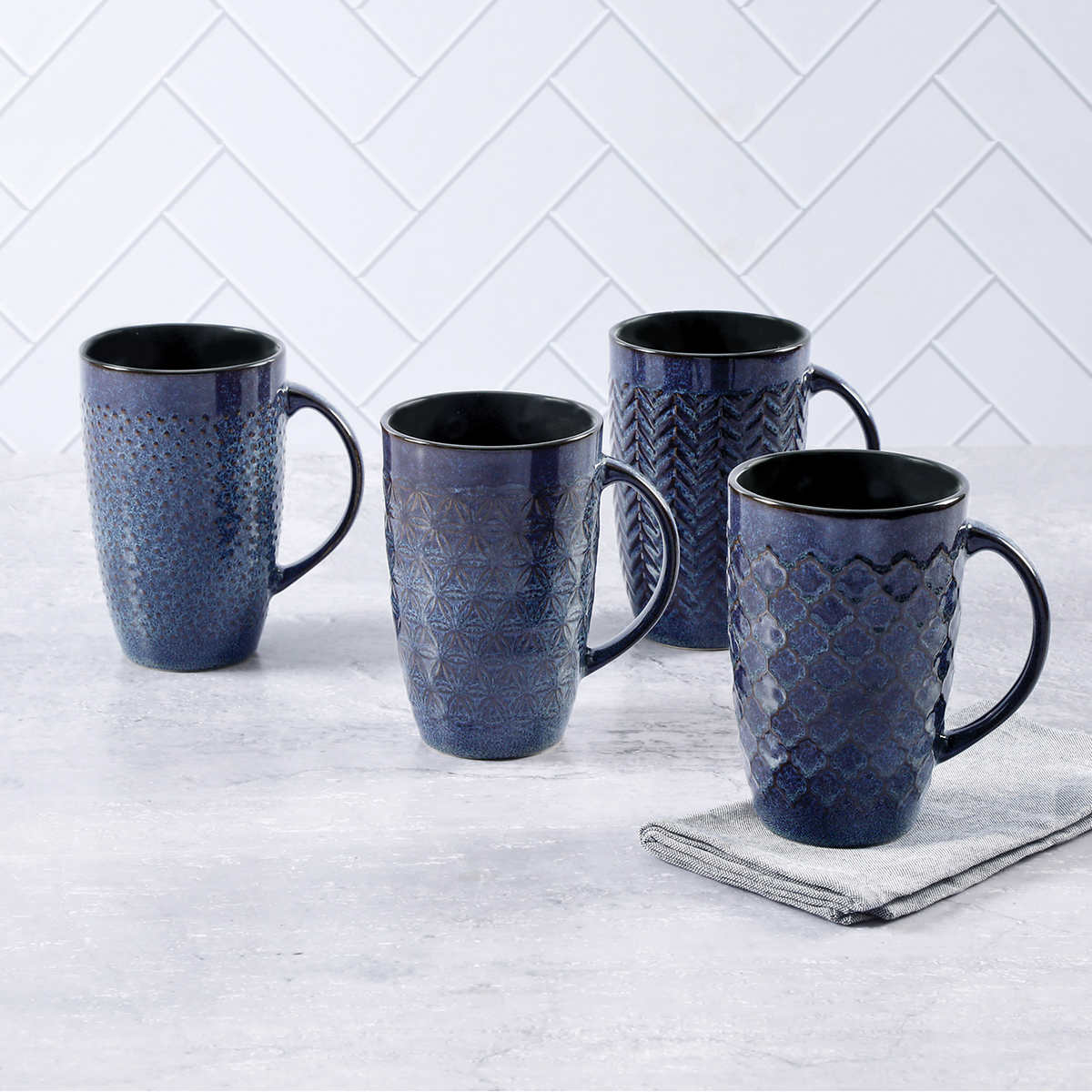 Navy Embossed Ceramic Soup Mug