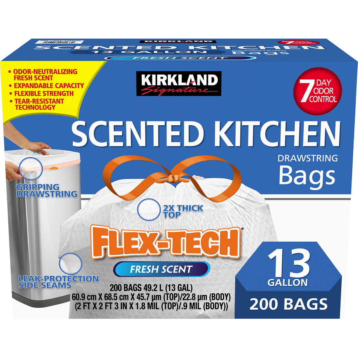 Kirkland Signature Flex Tech Scented Kitchen Trash Bags 13 Gallon Fresh Scent 200 Ct Costco