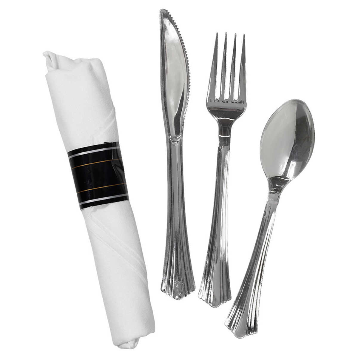 120ct Gold Plastic Cutlery in White Napkin Rolls Set Napkins, Forks, Knives, Spoons and Paper Rings (30 Guests)
