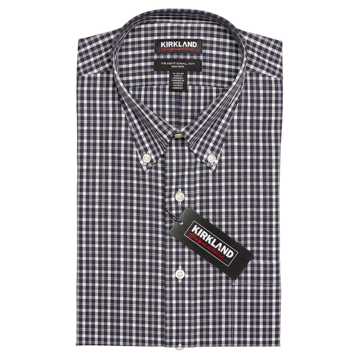 Kirkland Signature Men's Traditional Fit Dress Shirt, Dark Navy/White  Horizontal Check