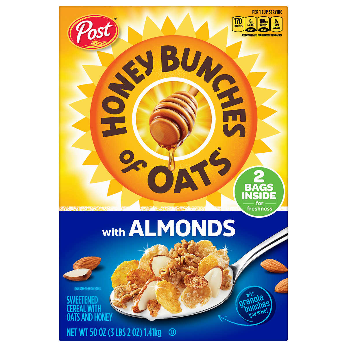 Honey Bunches of Oats with Almonds Breakfast Cereal, Honey Cereal with  Granola Clusters and Sliced Almonds, Family Size Cereal, 18 OZ Box