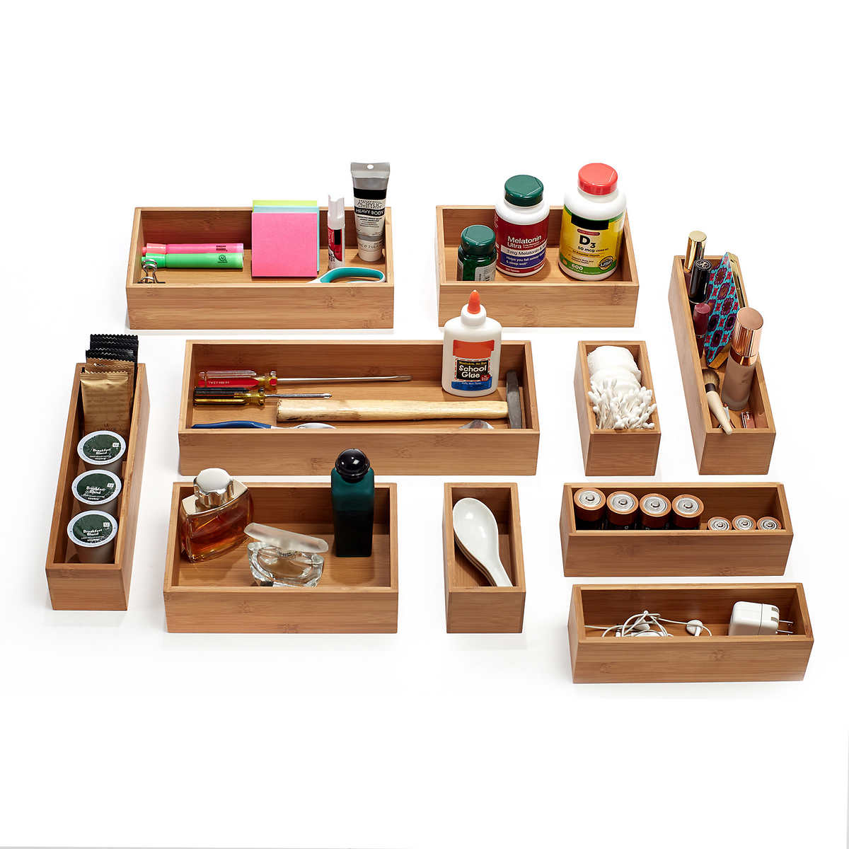 Bamboo Drawer Organizer Storage Box/Bin Set - Multi-Use Drawer Organizer  for Kitchen, Bathroom, Office Desk, Makeup, Jewelry (5 Boxes)