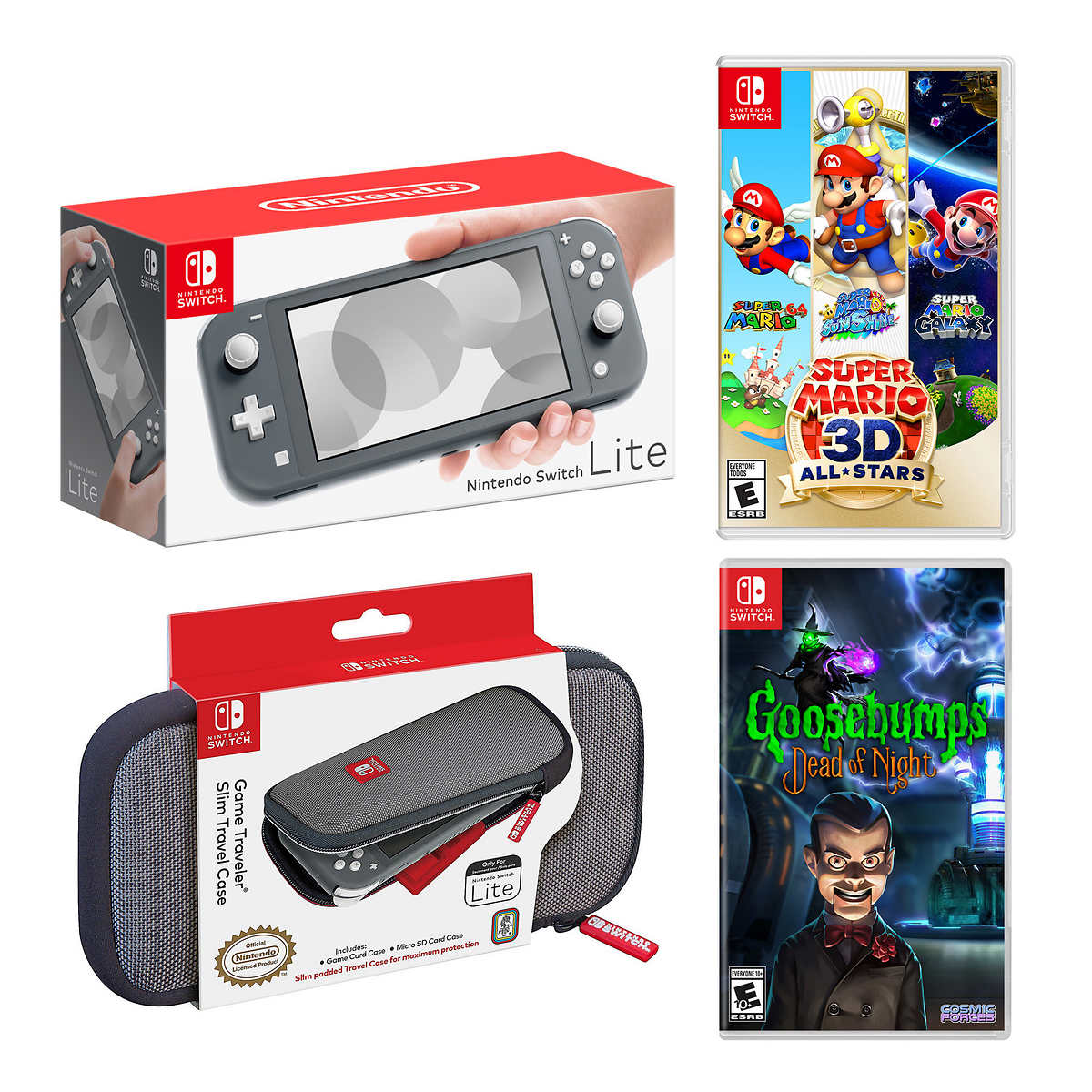 Nintendo Switch Lite Gray Bundle With Mario 3d And Goosebumps Game And Travel Case