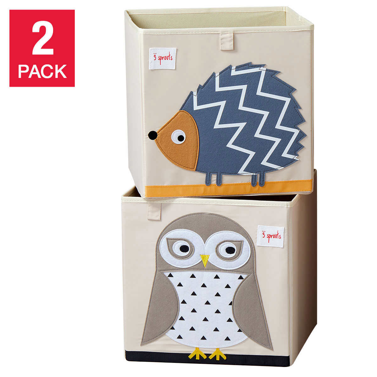 3 Sprouts Storage Boxes, Hedgehog & Owl, 2-pack