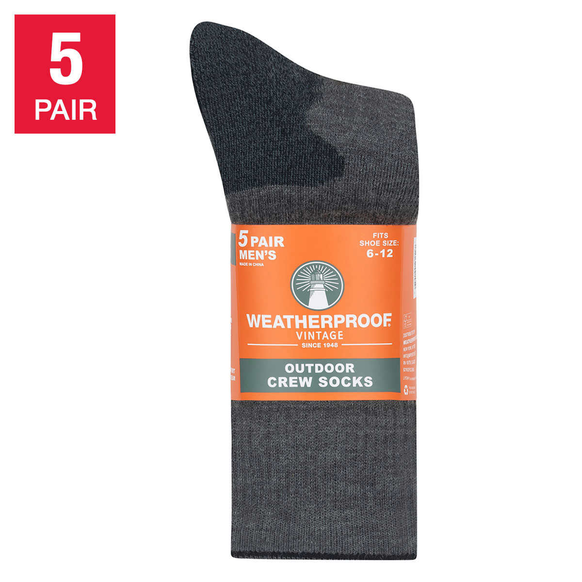 Weatherproof Men's Outdoor Crew Sock, 5-pair