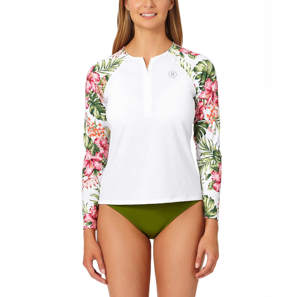 Palm Print Half Zip Long Sleeve UPF50+ Rash Guard, S / White