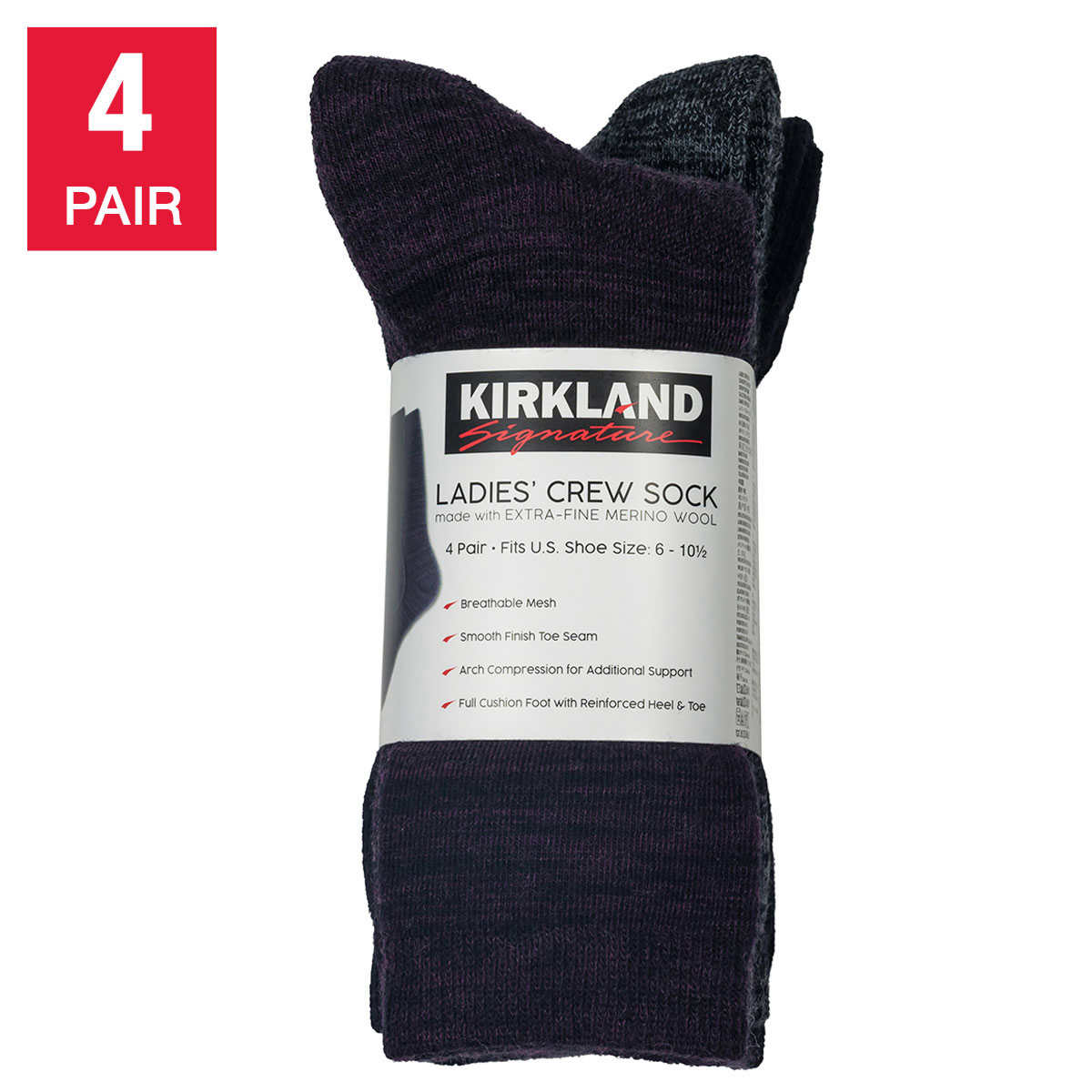 4 Pairs Kirkland Signature Women Ladies Extra Fine Merino Wool Blend Crew  Socks