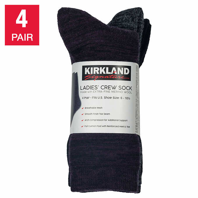 Kirkland Signature Ladies' Extra-Fine Merino Wool Blend Crew Sock, 4-pair