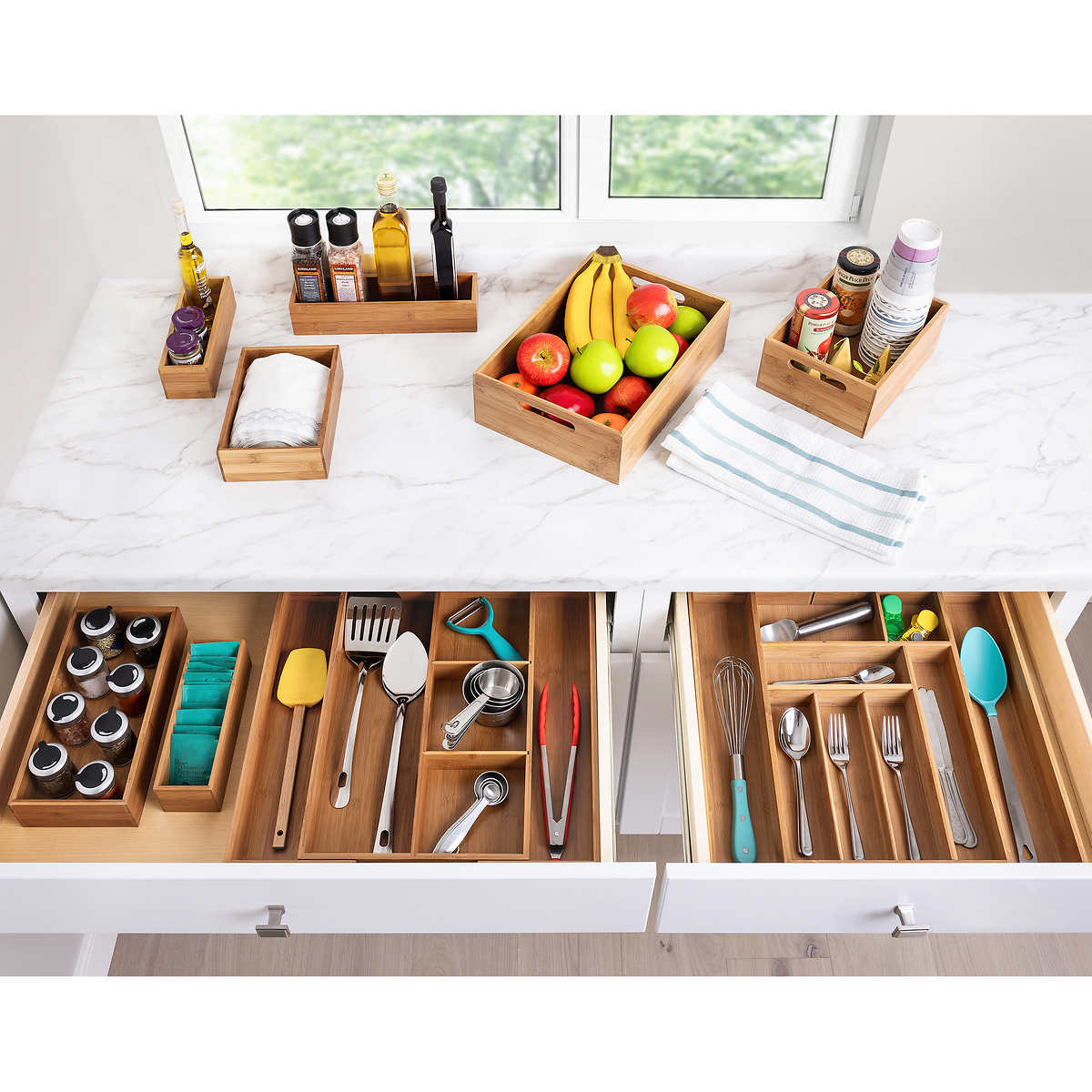 Luxury Bamboo Kitchen Drawer Organizer Silverware Utensil Holder