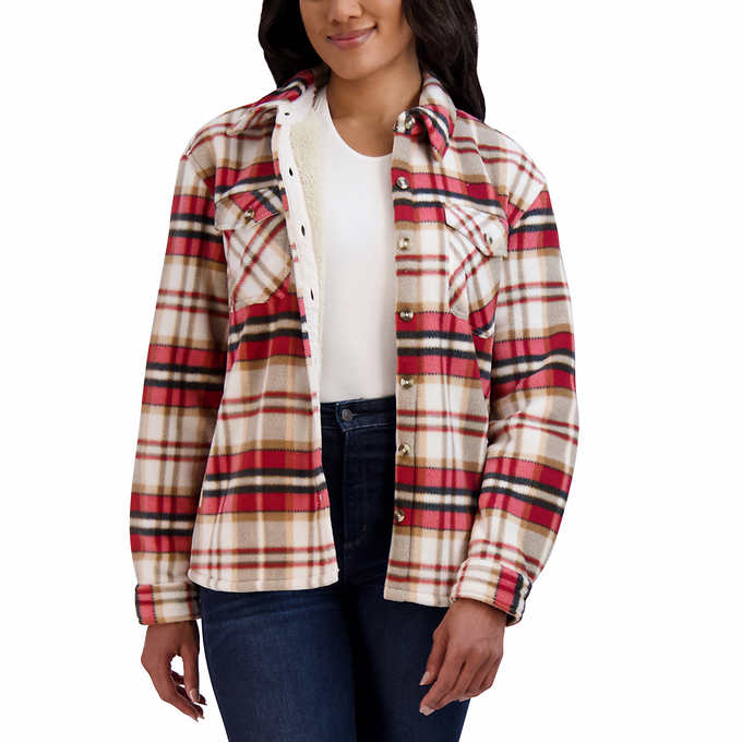 2 Tone Plaid & Solid Hooded Reversible Sherpa Sweater Shacket 