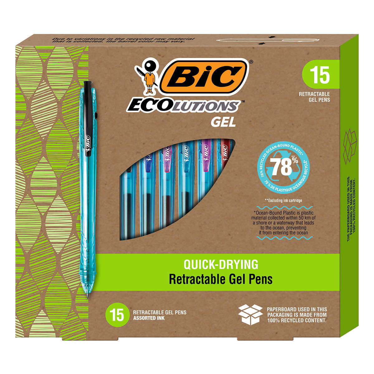 BIC Ecolutions Ocean-Bound Retractable Gel Pens, Medium Point 1.0mm,  Assorted Ink, 15-count