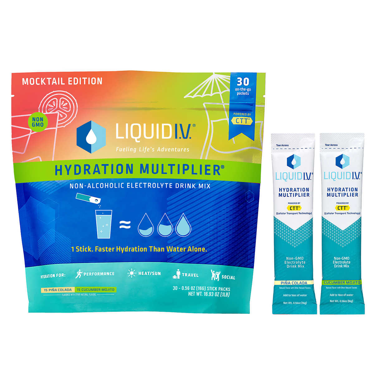 Liquid I.V. Hydration Multiplier, 30 Individual Serving Stick Packs in  Resealable Pouch, Mocktail Variety Pack (15 Pina Colada & 15 Cucumber  Mojito)