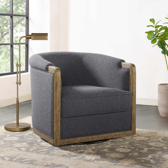 Thomasville Fabric Swivel Chair with Wood Trim