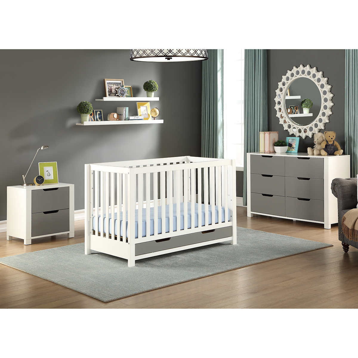 Zoey 4 Piece Crib Set With 6 Drawer Dresser In Grey