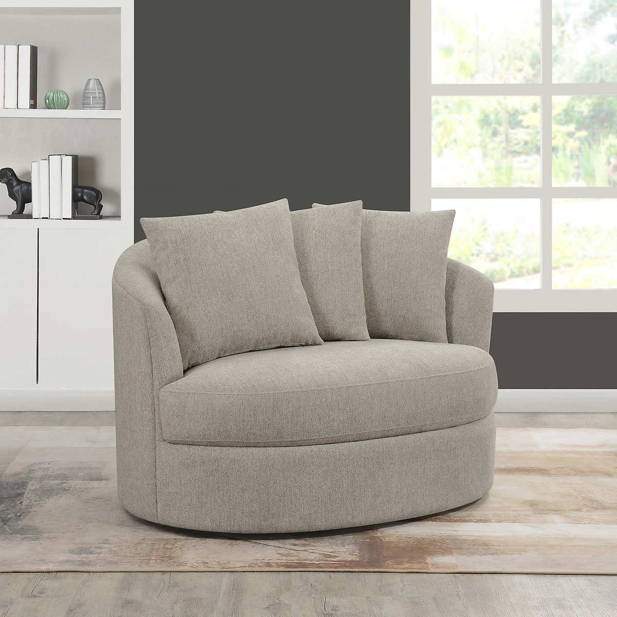 thomasville beige fabric snuggle swivel chair
