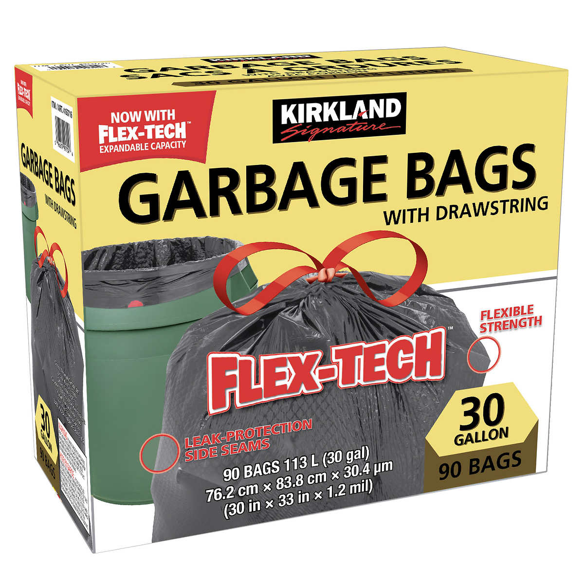 Kirkland Signature Flex-Tech Drawstring Kitchen XL Trash Rubbish Bin 90Bags  Pack
