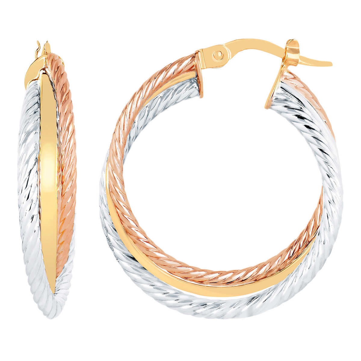 High Polish Triple Twisted Design Hoop Earrings in Tri-colour Gold