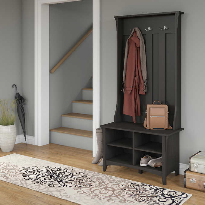 Black/Natural Entryway Hall Tree and Shoe Storage Bench