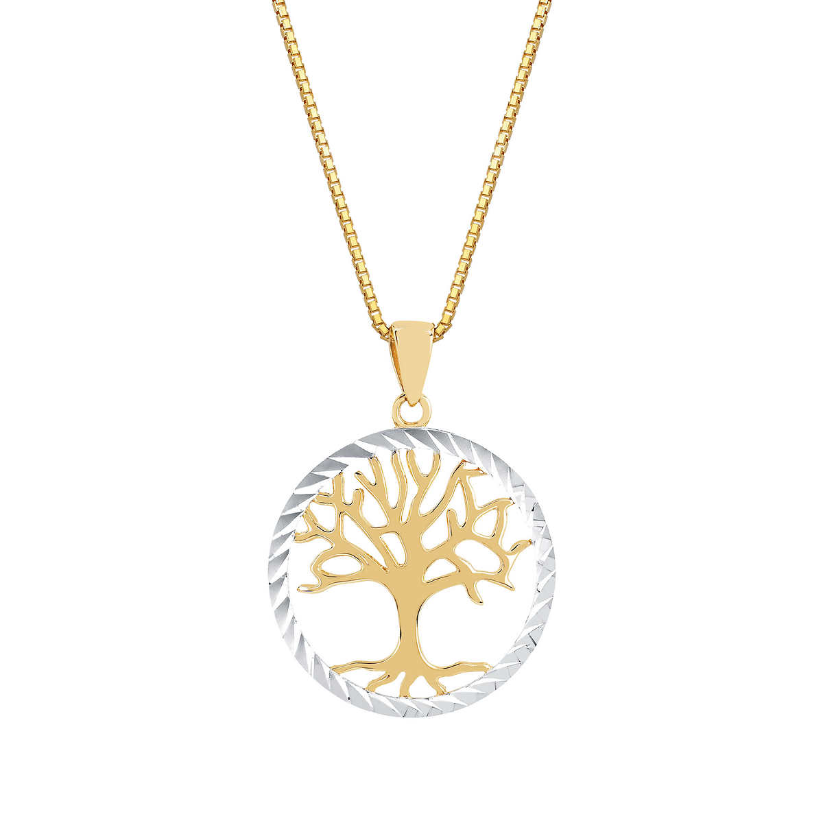 High Polish and Diamond Cut Tree of Life Pendant in Two Tone Gold
