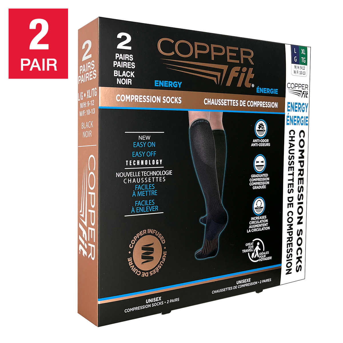  Copper Fit unisex adult 1 Pair Socks, Black, Large-X