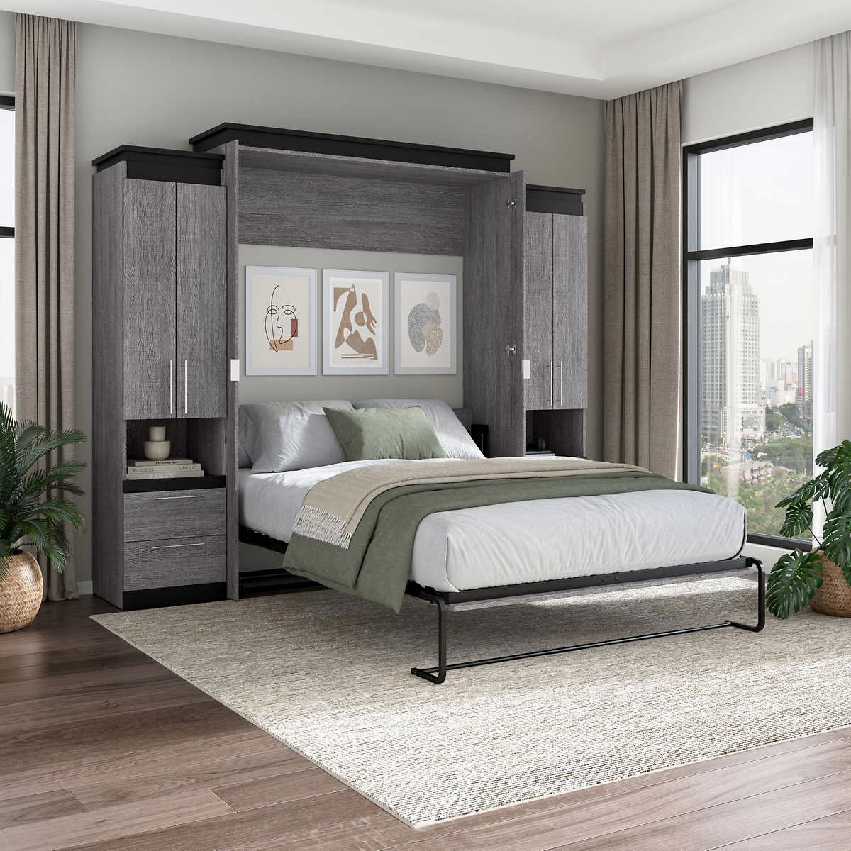 Bestar Orion 3-piece Queen Wall Bed with Storage Cabinets and Pull