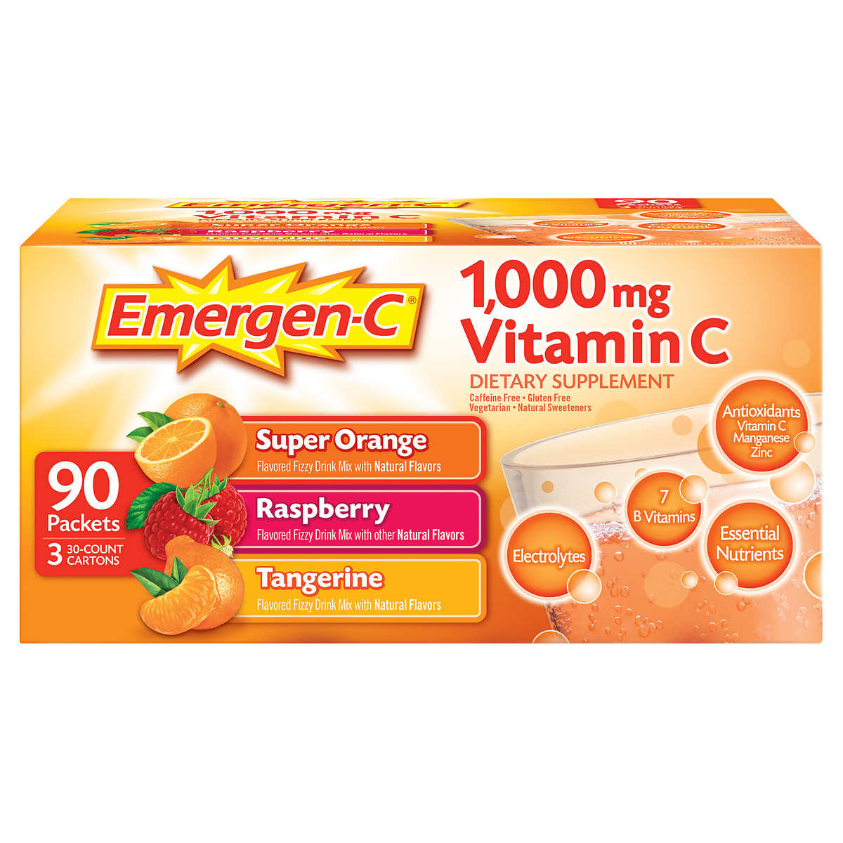Emergen C Vitamin C 1 000 Mg Variety Pack Drink Mix 90 Packets Costco