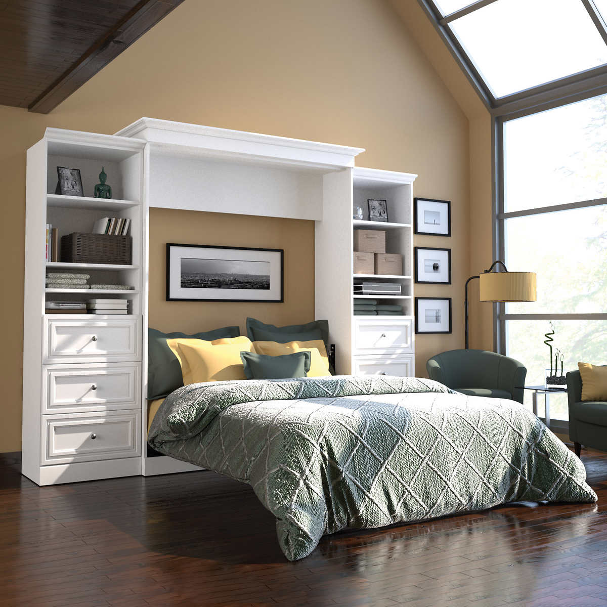 Bestar Audrea Queen Wall Bed In White With Two 25 Storage Units With Drawers Costco