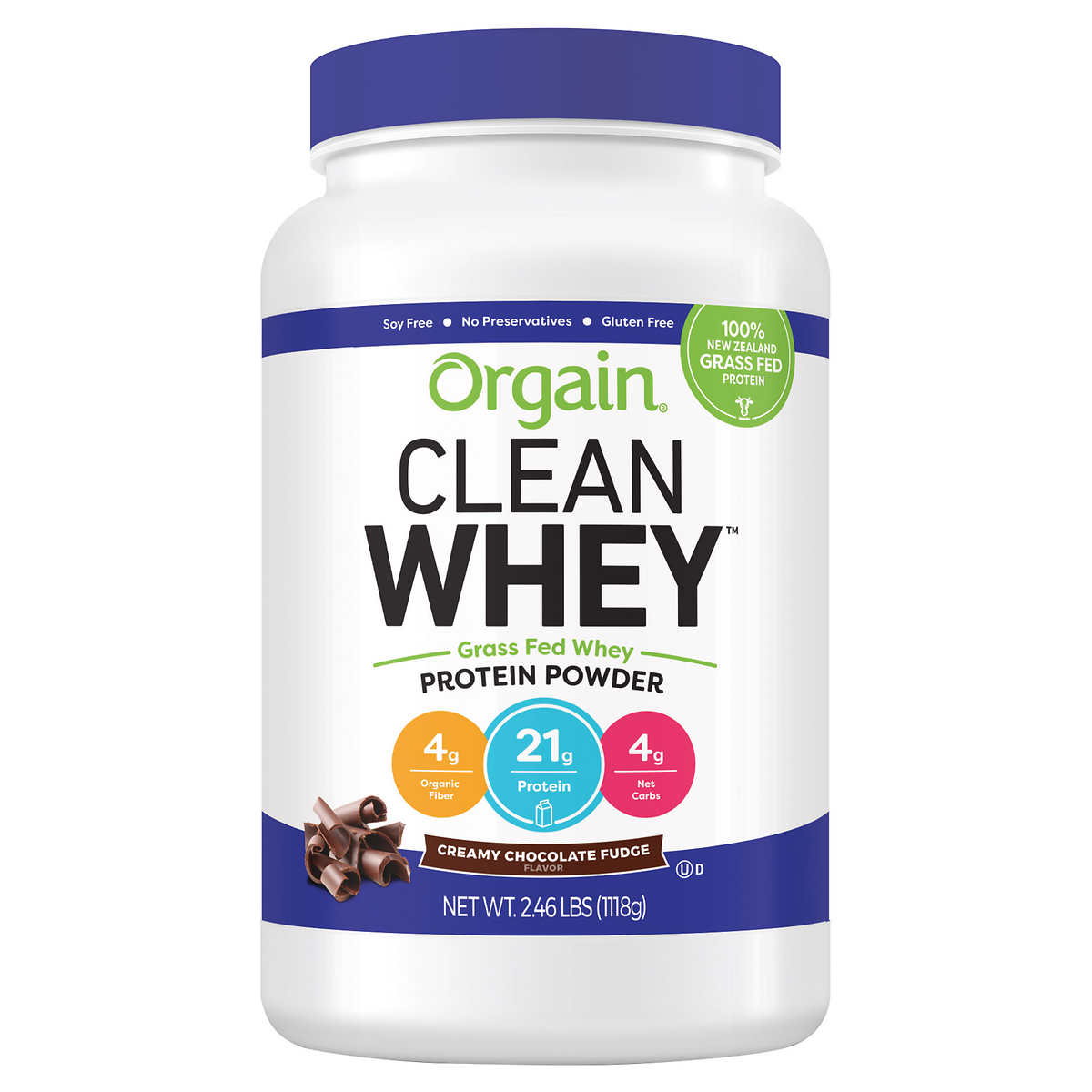 Orgain Grass Fed Whey Chocolate Protein Powder, 2.46-pounds
