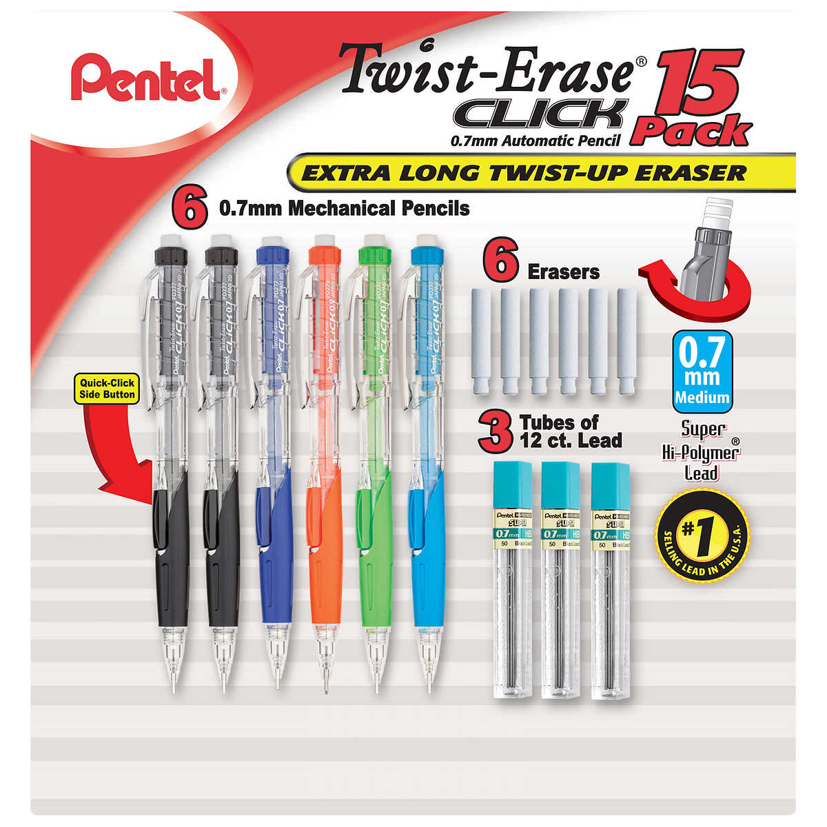 Pentel® Twist-Erase® III Mechanical Pencils, 0.7mm, Assorted Barrel Colors,  Pack Of 2 Pencils