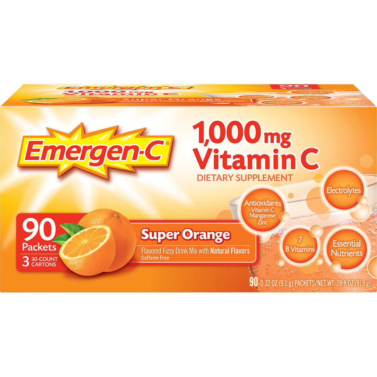 Emergen C Vitamin C Drink Mix 1000 Mg Super Orange 90 Ct Costco
