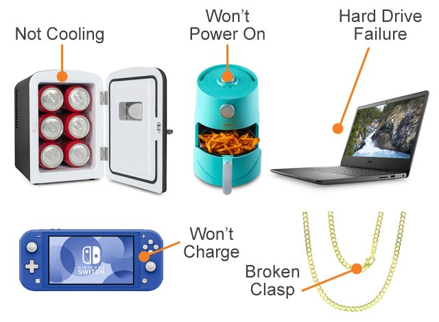 Picture of common failures. Mini Fridge not cooling. Air Fryer not turning on. Switch not charging. Hard Drive Failure, Jewelry with broken Clasp.