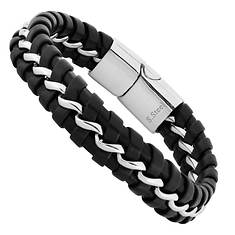 Stainless Steel Black Leather Bracelet (Men's)
