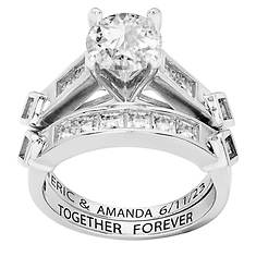 Vow & Forever Brilliant White Topaz 2-Piece Engraved Wedding Ring Set