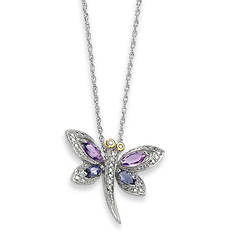 Women's Sterling Silver 14K Amethyst/Diamond Dragonfly Necklace