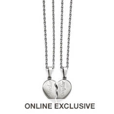 Stainless Steel Brushed 1/2 Heart "Mother" and "Daughter" Necklace Set