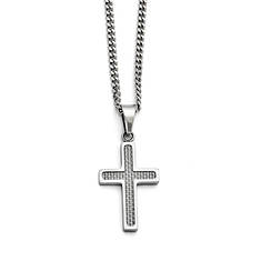 Stainles Steel Polished Grey Carbon Fiber Small Cross Necklace