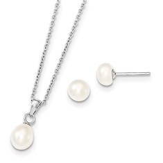 Sterling Silver Rhodium-Plated Freshwater Cultured Pearl Necklace and Stud Earring Set