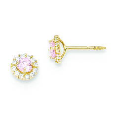 14K Children's Polished Pink and Clear CZ Screwback Post Earrings