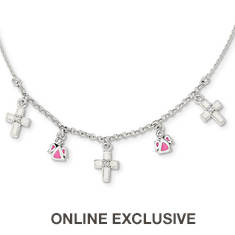 Girls' Sterling Silver Enamel CZ Cross and Angels Necklace