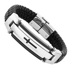 Black Leather Stainless Steel Bracelet (Men's)