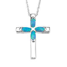 Synthetic Blue Opal Cross Necklace (Women's)