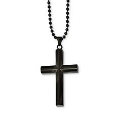 Stainless Steel Brushed/Polished Blk IP-Plated Cross Necklace