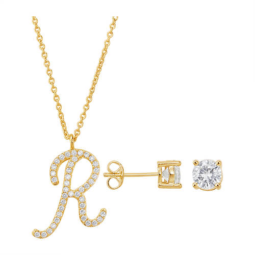14K Gold-Plated Initial Necklace & Earring Set