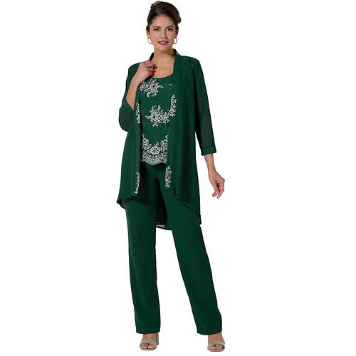 Masseys Sequin Embroidered 3-Piece Pant Set