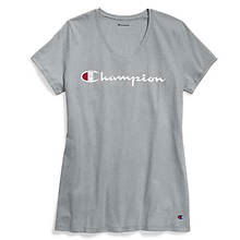 Champion® Women's Plus Jersey V-Neck Tee w/Graphic-Classic Script