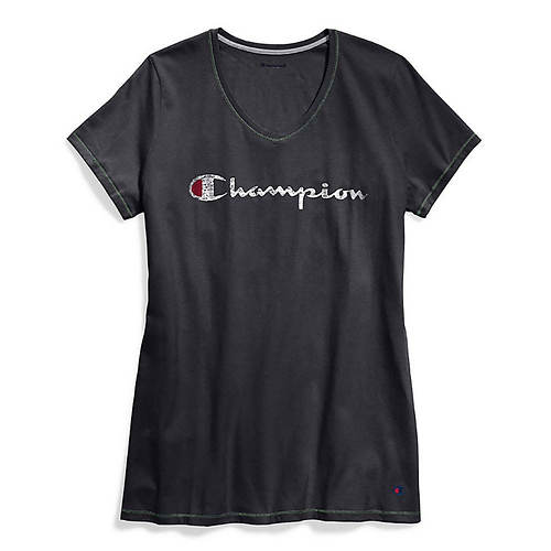 Champion® Women's Plus Jersey V-Neck Tee with Graphic-Classic Script
