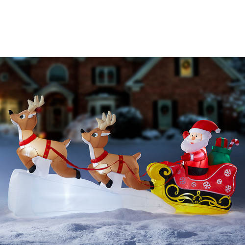 8' Inflatable Reindeer And Santa In Sleigh