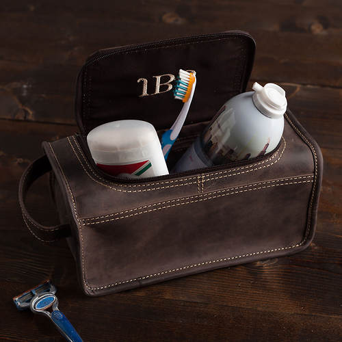 Personalized Leather Toiletry Kit with Embroidered Monogram
