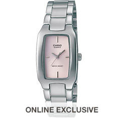 Casio Ladies Silver-tone Stainless Steel Watch Pink Rectangle Dial